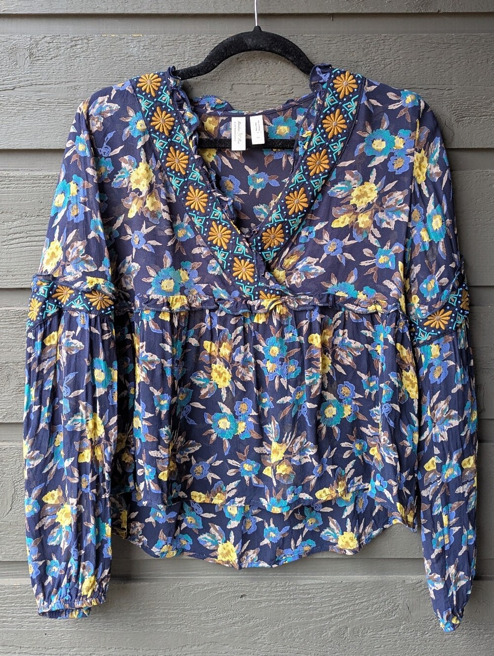 Anthropologie Meadow Rue Strasser Floral Beaded Long Sleeve Blouse XS